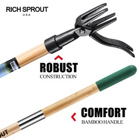Rich Sprout Stand Up Weed Puller Tool, Heavy Duty Weed Remover Tool with Long Handle, 3-Section Real Bamboo Construction - 4 Claw Steel Head Weeder Tool, Eco-Friendly Handle, No More Bendin