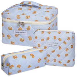 senbowe Floral Makeup Bag, 3 Pack Large Cotton Quilted Makeup Bag Set, Cute Floral Coquette Aesthetic Toiletry Bag Make Up Cosmetic Bag for Women, Toiletry Travel Make Up Organizer Bag, Khaki dog