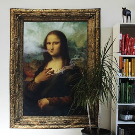 steelplant Stona Lisa large vivid fabric printed textile. mona lisa smoking weed joint remix tapestry high definition print on polyester with sewn edge