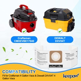 KEEPOW Shop Vac Bags Compatible with Craftsman 4 Gallon Wet/Dry Vacuum & for Dewalt DXV04T 4 Gallon Vac, shop vac accessories, Replacement Part# CMXZVBE43270 43270 (2 Pack)