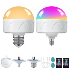 2Pack Rechargeable Light Bulbs with Remote E26/E12 Battery Operated Light Bulb 2200mAh, 3 Color Temperatures/Timer/Dimmer/Color Changing Puck Lights with Remote, Cordless Light Bulb for Non-Hardwired