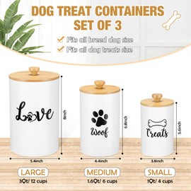 Tioncy Dog Treat Container Set of 3 with Bamboo Lids and Spoon Airtight Metal Dog Treat Jars with DIY Labels Pen Large Pet Cookie Snack Food Storage Container for Kitchen Counter(White)