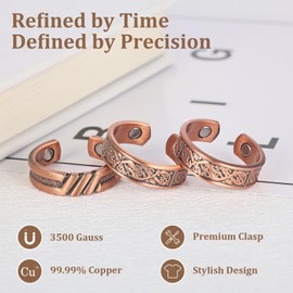 BioMag 3 Copper Rings for Men, 99.99% Solid Pure Copper, 3pcs 3500 Gauss #9 Rings, Vintage Pattern Adjustable Cuff Ring