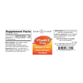 GeriCare Vitamin D 25mcg Tablets Dietary Supplement, 100 Count (Pack of 1)