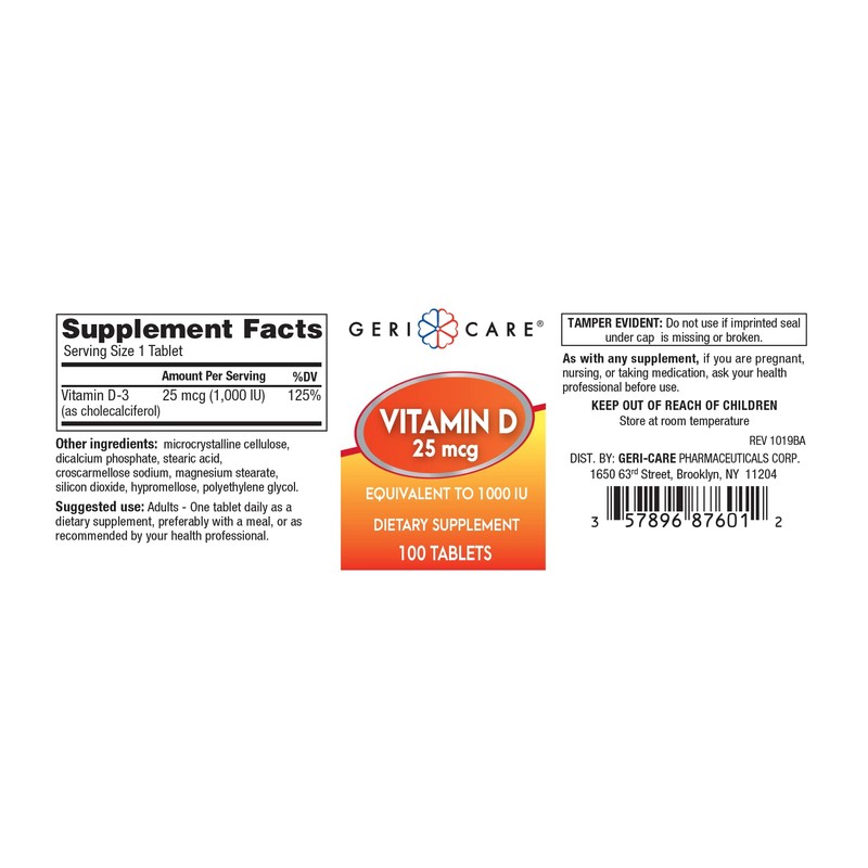 GeriCare Vitamin D 25mcg Tablets Dietary Supplement, 100 Count (Pack