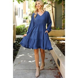 Jersey Shirred Tiered Ruffle Hem Midi Swing Dress - Pleated Flare Tunic (1X, Puff Sleeve V-Neck Tiered Dress - Vintage Navy)