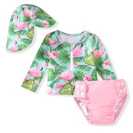 0-3 Months Baby Girl Two Piece Rash Guard Swimsuit Set Infant Long Sleeve Flamingo Bathing Suit Zip Up Swimming Beach Wear Pink