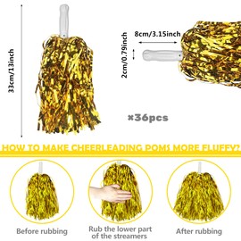 36PCS Cheerleading Pom Poms Metallic Foil Plastic Pom Poms with Baton Handle for Game Sports Squads Dancing Party Football Basketball Club Spirit Sports Stage Performance Celebration