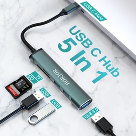 HORJOR USB-C Hub 5 in 1 MacBook USB Multiport Adapter for Fast Data Transfer & Charging, 3 USB-A Data Ports, 1 SD/1 TF