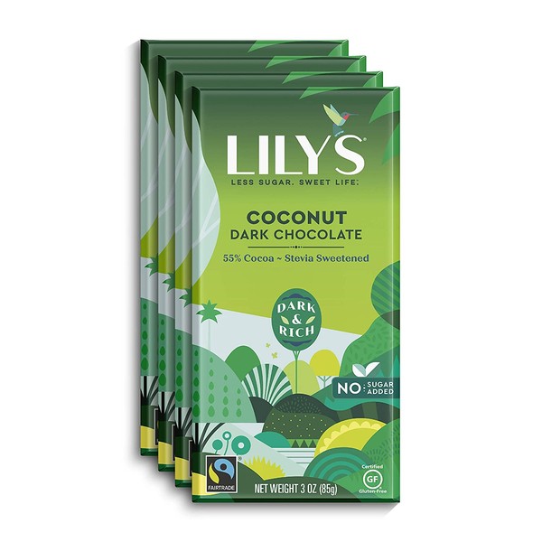 Coconut Dark Chocolate Bar by Lily's | Stevia Sweetened, No Added Sugar, Low-Carb, Keto Friendly | 55% Cocoa | Fair Trade, Gluten-Free & Non-GMO | 3 ounce, 4-Pack