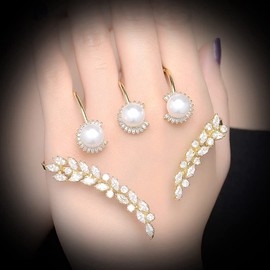 Aprilery Gold Palm Statement Rings for Women, Unique Pearl CZ Crystal Ring Adjustable Cuff Bracelet Multiple Finger Ring Wedding Party Accessory Gifts for Her
