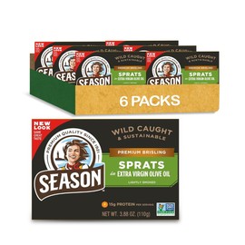 Season Brisling Sprats in Extra Virgin Olive Oil - Lightly Smoked, Wild Caught, 15g of Protein, Keto Snacks, More Omega 3's Than Tuna, Kosher, High in Calcium, Canned Sardines - 3.88 Oz Tins, 6-Pack