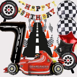 iUgeeo 7th Vintage Birthday Party Decorations with Inflatable Red Car Tyres Stars Checkered Number 7 Balloons for Seven-Year-Old Boys Girls Race Car Party Room Backdrop Decor, 8 Pcs/set