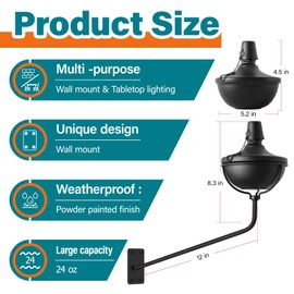 FAN-Torches Wall Mounted Citronella Torches Set of 6, 24 oz Garden Torches for Outside, Refillable Flame Light Torch, Outdoor Metal Torch for Yard, Patio, Deck, Garden, Party, Landscape