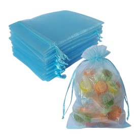 Sets of 100 Organza Drawstring Gift Bags 5x7 inch Baby Blue for Jewelry,Candy,Sheer Fabric Clear Mesh Wrap Sachet for Baby Shower,Christmas,Party Favors,Bridal Shower,Birthday,Wedding,Party Supplies