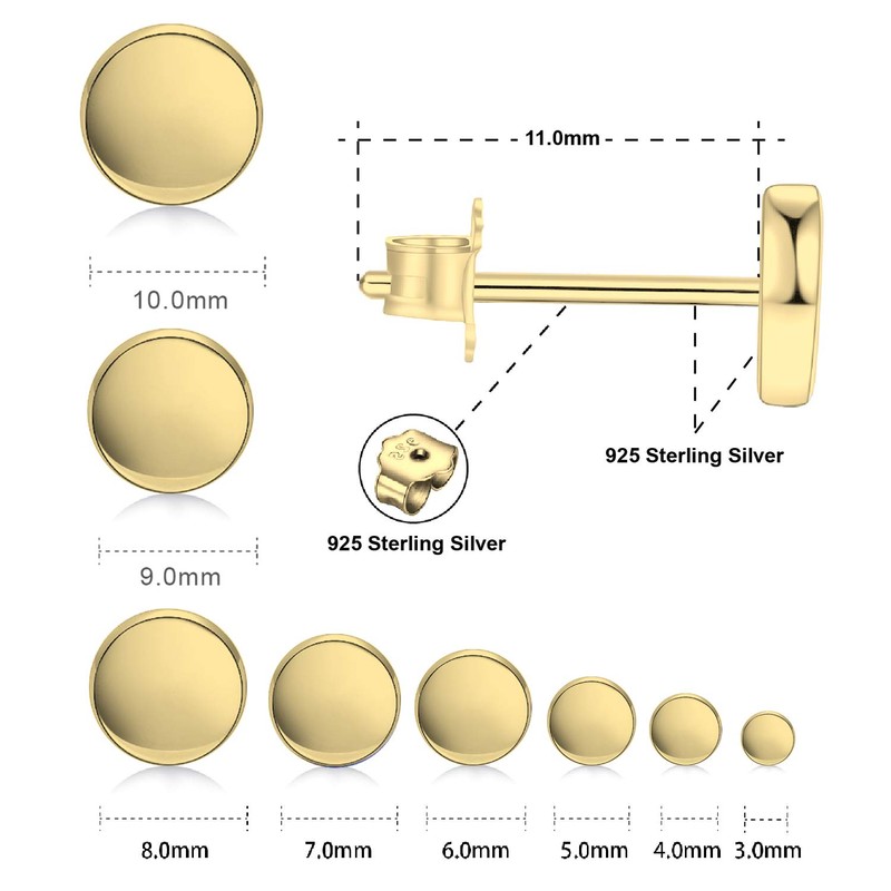 18K Gold Plated Sterling Silver Dot Stud Earrings 3mm-10mm Options,