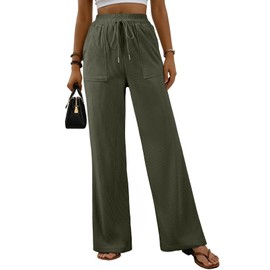 EVALESS Womens Corduroy Pants Casual High Waisted Straight Wide Leg Baggy Lounge Trousers Jungle Green L
