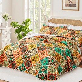 Tyrot 3 Piece Boho Colorful Quilt Set King Size Bohemian Reversible Bedding Set Microfiber Lightweight Bedspread Coverlet with 2 Sham Patchwork Mandala Print Bed Covers for All Season, 106''x96''