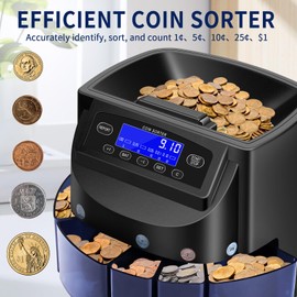 Coin Counter, USD Coin Sorter and Wrapper Machine, Automatic High-Speed Change Counter with LCD Display, 270 Coins/Min, 300-Coin Capacity, Includes Coin Wrappers for Fast & Accurate Sorting