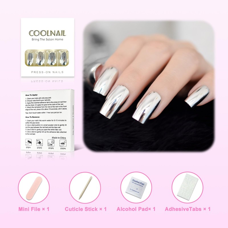 CoolNail Shiny Silver Metallic Long False Nail Tips Punk Metal