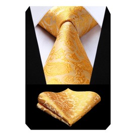 Hisdern Men's Paisley Wedding Party Waistcoat Necktie Pocket Square Handkerchief Jacquard Vest Suit Set , Deep Yellow, L(Chest size 46 inch)