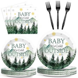 96Pcs Baby It's Cold Outside Plates and Napkins for Winter Baby Shower Party Supplies Forest Wonderland Dessert Disposable Plates Snowflake Tableware Set for 24 Guests Birthday Party Decorations