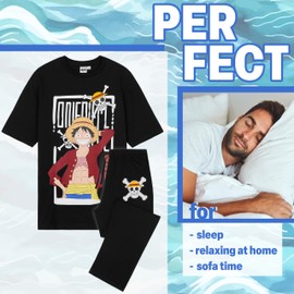 One Piece Pyjamas Set for Men Teens & Boys, Black Cotton T-Shirt & Bottom, Nightwear Loungewear Clothes, Manga Anime Gifts (S, Black)