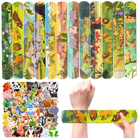 QZYCMHOO 74PCS Safari Party Favor 50PCS Forest Animals Party Stickers&24PCS Slap Bracelets Safari Animals Birthday Supplies Team Gift Filler