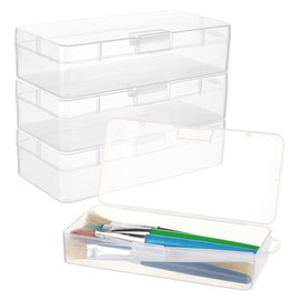 BENECREAT 4pcs Rectangle Plastic Container Box, 18.5x9x4.6cm Clear Storage Organizer with Hinged Lid and Hanging Hole for Small Craft Accessories Office Supplies