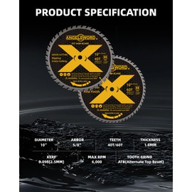 ANGELSWORD 10 Inch Table Saw Blade/Miter Saw Blade, 40T for Ripping, Cross Cutting&60T for Fine Finish Wood Cutting, 2 Pack