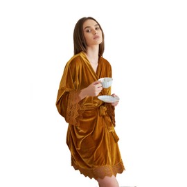 owiter Women Velvet Robes, Soft Fuzzy Kimono Bathrobe for Women Bridal Wedding Sleepwear (US, Alpha, One Size, yellow)