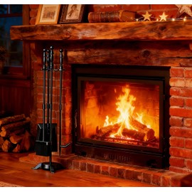 Fire Beauty Fireplace Tools Set 4 Pieces Black Wrought Iron Fire Tool Set for Outdoor/Indoor Include Poker, Shovel, Brush and Stand Accessories Set
