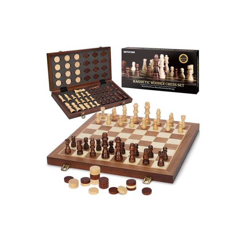 2 in 1 Magnetic Wooden Chess and Checkers Board Game