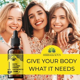 HERBALICIOUS Liquid Collagen Supplements for Women - Comprehensive Formula Hair Skin Nails Supplement with 10000mcg Collagen 5000 mcg Biotin 5000 mcg Keratin 5000 mcg Saw Palmetto, 4fl oz Healthcare Fitness