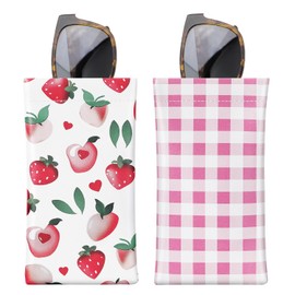 MoKo Squeeze Top Glasses Pouch (2 Pack), Portable Leather Soft Sunglasses Case Anti-Scratch Eyeglasses Bag Goggles Sleeve with Cleaning Cloth for Women Men, Strawberries + Pink Plaid