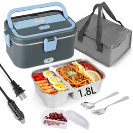 IXIIE Electric Lunch Box 80W for Adults, 1.8L Lunch Warmer with 2 Compartments for Truck/Car/Work, Fast Portable Heated Lunch Box Food Warmer Heater 12/24/110V, Removable Stainless Steel Container