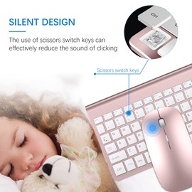 Wireless Keyboard and Mouse Ultra Slim Combo, TopMate 2.4G Silent Compact USB 2400DPI Mouse and Scissor Switch Keyboard Set with Cover, 2 AA & 2 AAA Batteries,for PC/Laptop/Windows/Mac-Rose Gold White
