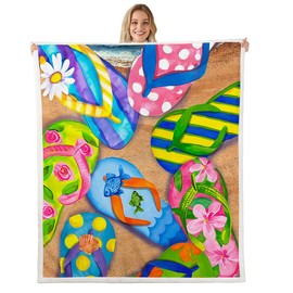 Colorful Flip-Flops Bed Blanket Kids Girls Summer Theme Sherpa Blanket Soft Cozy Lightweight Beach Vacation Plush Fleece Flip-Flops Blanket Gifts for Bed Chair Office Sofa(Throw 50"x60")