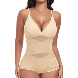 Niwicee Shapewear Bodysuit for Women Tummy Control Sculpting Bodysuit Body Shaper V-Neck Adjustable Straps Waist Trainer Vest Shaping Leotard Tops(Skin,S)