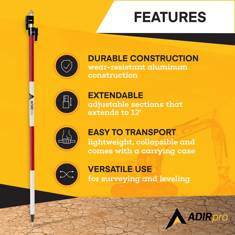 AdirPro Aluminum Prism Pole - Telescopic 12’ (3.7m) - Adjustable