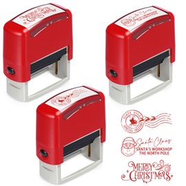 Pasimy 3 Pcs Christmas Self Rubber Stamps with Red Ink North Pole Self Inking Stamp Santa Claus Signature Reindeer Christmas Tag for Adults Office School Party (Red)