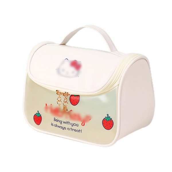 Portable Travel Cosmetic Bag, Waterproof PU Leather Makeup Bag, Cosmetic Bag, Travel Makeup Bag, Packaging Bag with Zip, White Strawberry Bucket Bag, White, Cartoon