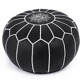 Marrakesh Gallery Genuine Leather Pouf Unstuffed - Moroccan Ottoman Footstool, Footrest Cover - Boho Decor - Bohemian Living Room, Bedroom, Kids Room, Gift & Wedding (Black)