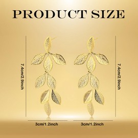 Gold Long Leaf Stud Earrings, Boho Style Earrings Women's Botanical Earrings Gold Leaf Earrings Handmade Leaf Dangle Earrings Gold Plant Drop Earrings for Women