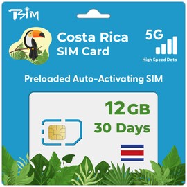 TSIM Costa Rica SIM Card 30days | 12GB Data Preloaded Auto Activating SIM | Free Roaming in Brazil, Chile, Hong Kong, El Salvador, Guatemala, Panama, United States, US Virgin Islands