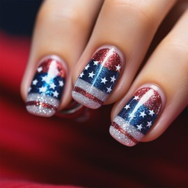 Independence Day Press on Nails Glitter Red White & Blue Fake Nails with Stars designs Coffin French Tip False Manicure Full Cover Artificial Manicure for Women Patriotic Decor 24 Pcs