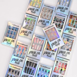 GLAMERMAID Dark Green Press on Nails Medium Almond, Deep Blue Marble Ombre Fake Nails Short Oval, Stiletto Stick Glue on Nails Kit for Women, Reusable False Nail Tips Set with Adhesive Tabs Nail File