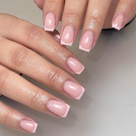 KQueenest Soft Gel Press On Nails French Tip - Pack of 30 Pink Nails for Sticking Short Square Natural Fake Nails Artificial Fingernails Shiny Acrylic Full Cover French Nails for Women