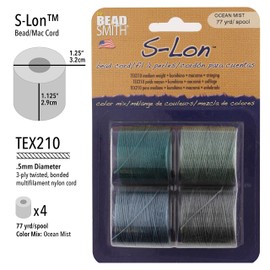 The Beadsmith S-Lon - Cordón de nailon trenzado de 0.5 mm para cuerda, paquete de 4, mezcla de niebla marina, TEX210, 77 yardas por carrete
