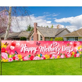 Happy Mother's Day Banner Mother’s Day Yard Sign Banner,Mothers Day Decoration Pink Floral Thank You Mom Banner Mon Day Gift For Best Mom Lawn Decor